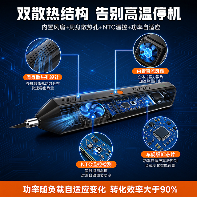 [主图-3] 结构与散热技术卖点图，展示双散热结构与核心技术。
[统一基调] 国内电商五金器械风格，深蓝科技主色+深灰背景，白色标题字，橙色强调色，现代无衬线粗体标题，简洁无衬线正文，满版高信息密度构图。
[画面] 画面中心放置超声波切割刀主机半透视效果，可看到内部散热风扇结构示意，机身周身散热孔清晰可见；主机周围分布4个圆形放大标注框，分别指向：散热孔、内置风扇、电路板IC芯片、NTC温控检测点。背景深蓝色科技感，有电路板纹理暗纹。
[光影质感] 商业摄影质感，产品主体清晰，半透视内部结构用线框+发光效果示意，科技感强，金属部件有光泽。
[配色] 主色深蓝色(#1a56db)，背景深蓝渐变带电路板暗纹，标题白色，强调色橙色(#f97316)，标注引线用亮蓝色。
[文字版式] 顶部主标题"双散热结构 告别高温停机"（白色粗体大字），副标题"内置风扇+周身散热孔+NTC温控+功率自适应"（浅灰色小字）。4个圆形标注框各配文字："内置直流风扇"、"周身散热孔设计"、"车规级IC芯片"、"NTC温控检测"。底部橙色条："功率随负载自适应变化 转化效率大于90%"。
[输出要求] 1:1方图，2048x2048，文字清晰可读，产品外观结构与输入图一致，禁止变形、错字、模糊、杂乱、水印、平台Logo。