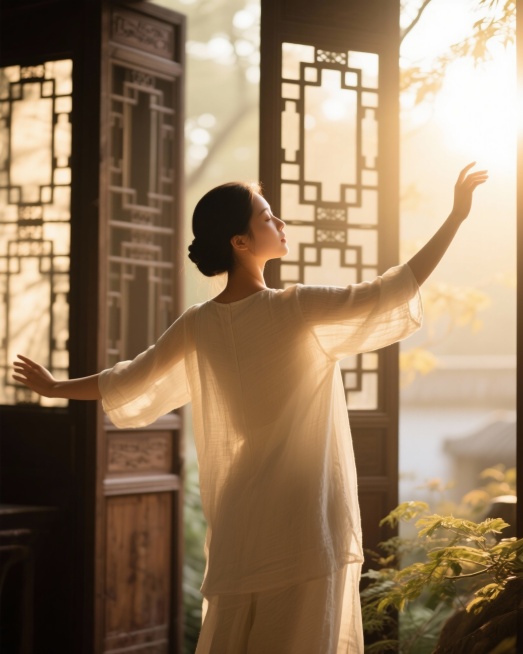 一位背影优雅的亚裔女性，身穿米白色亚麻衣物，在清晨柔和的阳光中缓慢舒展双臂，做出拥抱朝阳的姿势。周身笼罩着一层温暖的金色光晕，背景是虚化的中式木质窗格和朦胧的植物光影。风格为柔和的新中式摄影，色调为浅预览效果