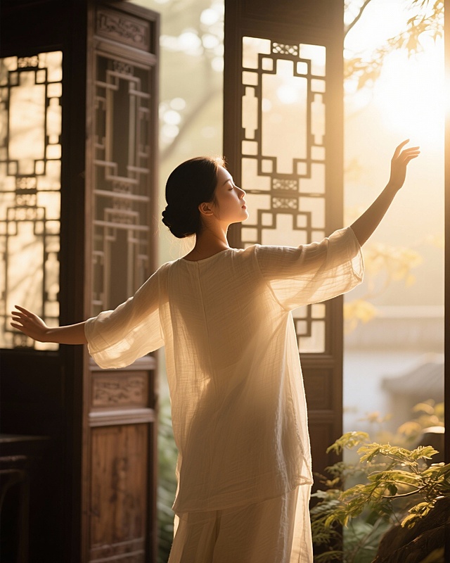一位背影优雅的亚裔女性，身穿米白色亚麻衣物，在清晨柔和的阳光中缓慢舒展双臂，做出拥抱朝阳的姿势。周身笼罩着一层温暖的金色光晕，背景是虚化的中式木质窗格和朦胧的植物光影。风格为柔和的新中式摄影，色调为浅杏色、淡金色，极具呼吸感和希望感。高清摄影，细节精致