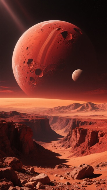 超写实风格的火星景观，巨大的红色星球占据画面上方，表面布满陨石坑与条纹纹理，背景中可见较小的卫星，暗红色调的天空与橙色地平线形成渐变，前景是崎岖的红色岩石峡谷，地表覆盖着沙砾与不规则石块，远处山脉呈现层叠的阴影与高光，整体光影从左上方斜射，营造出神秘而壮阔的宇宙氛围，展现火星独特的地质地貌与荒凉美感。预览效果