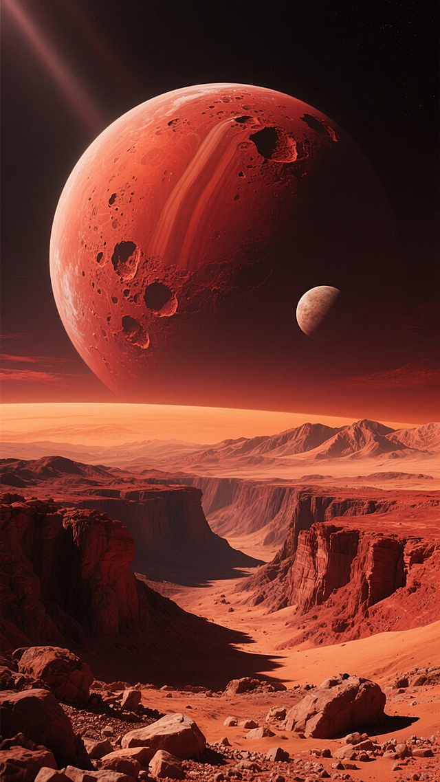 超写实风格的火星景观，巨大的红色星球占据画面上方，表面布满陨石坑与条纹纹理，背景中可见较小的卫星，暗红色调的天空与橙色地平线形成渐变，前景是崎岖的红色岩石峡谷，地表覆盖着沙砾与不规则石块，远处山脉呈现层叠的阴影与高光，整体光影从左上方斜射，营造出神秘而壮阔的宇宙氛围，展现火星独特的地质地貌与荒凉美感。