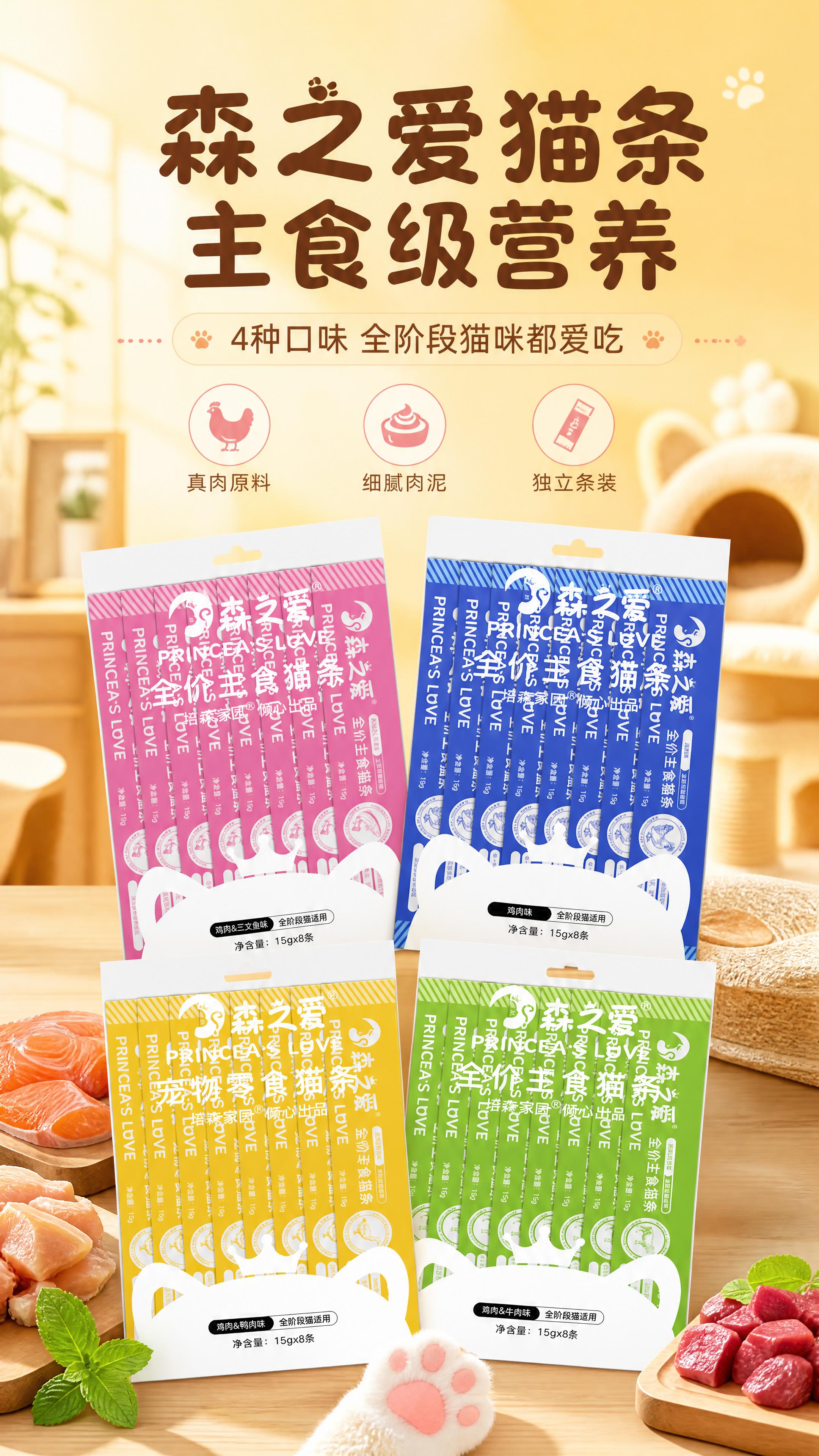 [商品] 使用【图1】中4款森之爱猫条包装（粉色鸡肉&三文鱼味… - 图片创意预览