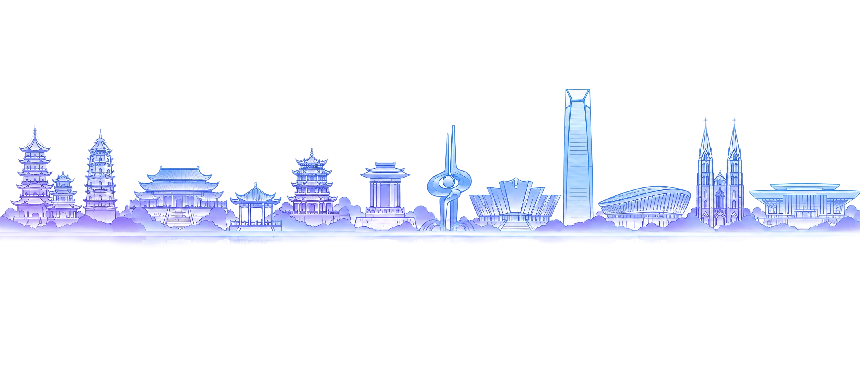 以参考图的蓝紫色渐变线性插画风格，绘制山东济南的地标建筑、著名… - 图片创意预览