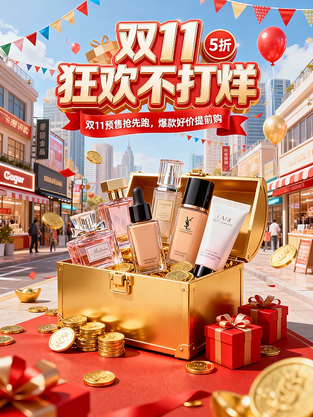热闹的城市购物街背景，双11美妆促销插画，核心是装满美妆产品（香水、粉底液、护肤品）的金色宝箱，周围散落金币和红色礼盒，上方有立体艺术字“双 11 狂欢不打烊”，标注“5 折”优惠，红色丝带标语“双 11 预售抢先跑，爆款好价提前购”，背景有彩旗、气球、商铺，喜庆热闹氛围
