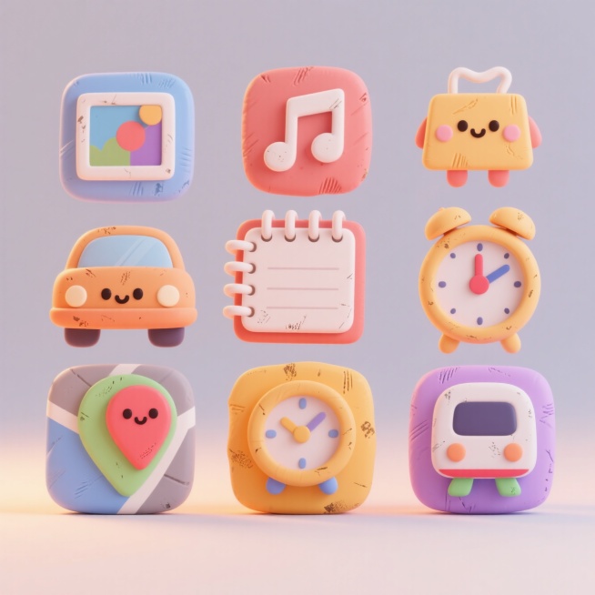 icon图标设计，图标顺序依次是：相册，音乐，购物，闹钟，记事本，地图，汽车，时钟，地铁，可爱卡通，3D，立体感，颜色统一预览效果