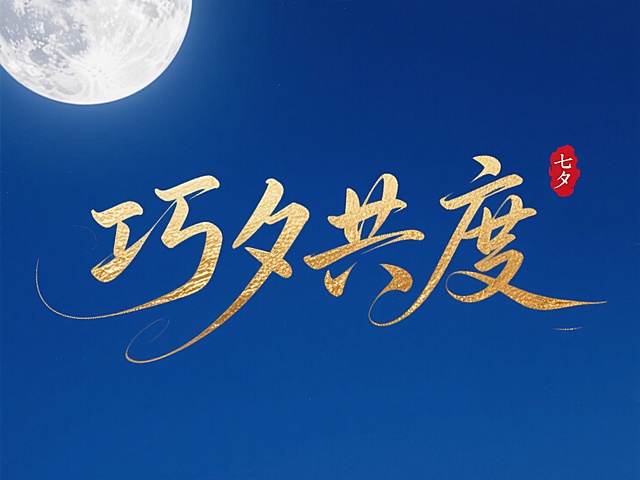 国潮新中式，文字”巧夕共度“，书法字体烫金效果， 朱砂红色印章点缀，印章内文字为”七夕“，背景是深蓝色的天空和巨大的月亮