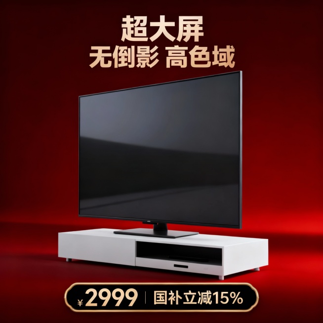 生成一张电器电商主图。要求如下：
1、暗红渐变高级感背景
2、商品卖点为“超大屏 无倒影 高色域”艺术字展示
3、下方为商品价格“2999”，优惠信息“国补立减15%”，黑金配色的边框预览效果
