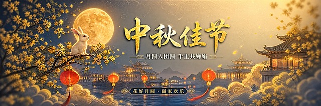 基于原图，将右上角区域的夜空背景调亮，从深蓝色改为被月光照亮的明亮效果，呈现柔和的月光光晕，色调偏暖金色的朦胧月光感，像有月光从画面右上方洒下，使右上角背景不再是深邃的暗蓝色，而是明亮通透的月光亮区。其余所有元素（玉兔、月亮、桂花、灯笼、亭台楼阁、文字、祥云等）保持完全不变，整体风格、构图、色彩均与原图一致，仅修改右上角背景亮度和色调。