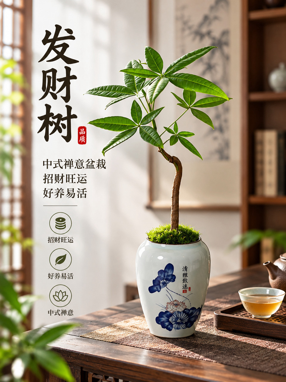 淘宝天猫电商主图，3:4竖版比例，画面主体为中式禅意发财树盆栽… - 图片创意预览