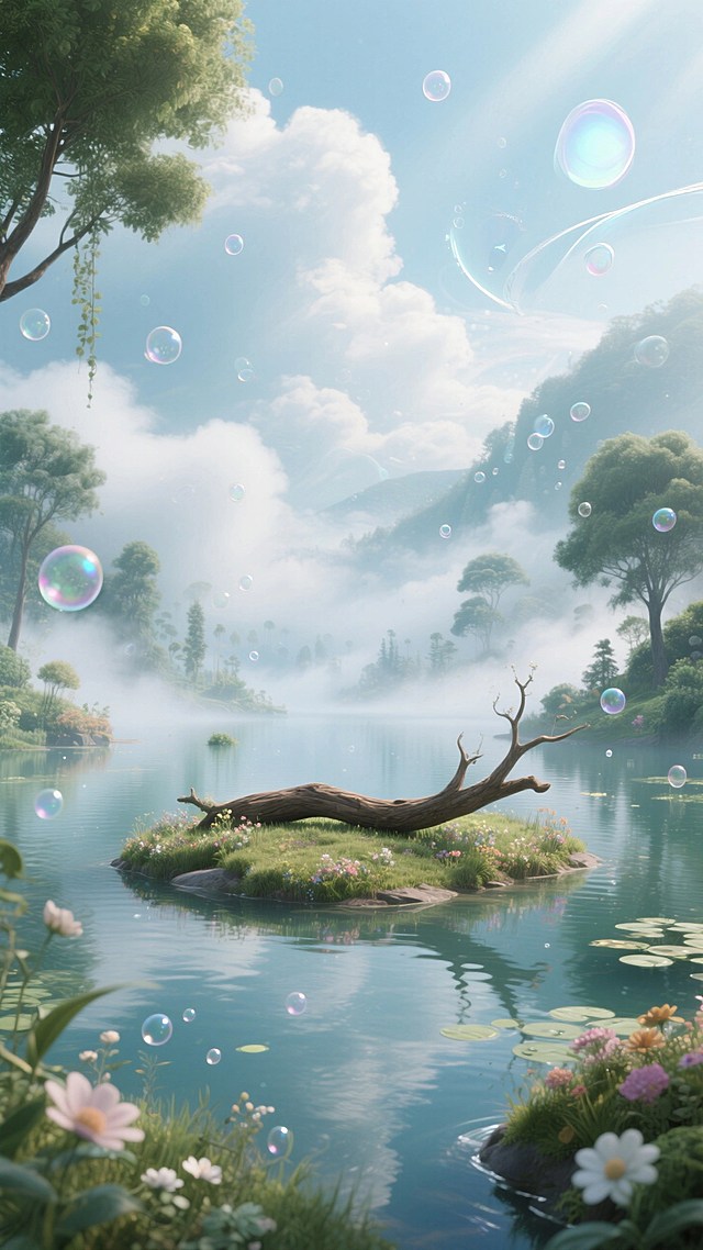 未来主义虚拟自然背景，在湖泊中有一个平坦的岛屿（上面放着一根粗壮的树枝），花，云，雾，光影，树木和植物，有漂浮的气泡和空气颗粒，色调明亮