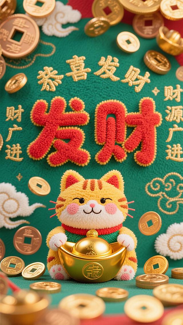 一张以发财为主题的毛绒风格设计，主体是一只色彩鲜艳的金色招财猫，它正抱着一个大金元宝，周围环绕着铜钱、金币和祥云图案。画面中央是两个醒目的红色“发财”大字，采用圆润可爱的字体，周围用金色和绿色的小字绣着“恭喜发财”“财源广进”等吉祥话，整体设计温馨喜庆，充满节日氛围。