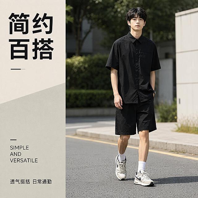 [单张主图] 男士黑色短袖衬衫，高级氛围感穿搭主图，适配抖音电商平台，突出商品质感与日常百搭属性。
参考比对：参考图1为产品白底图，提取产品版型、颜色、口袋细节；参考图2为模特街拍穿搭图，提取自然街拍氛围、模特穿搭姿势、整体风格。
画面主体：年轻亚洲男模特全身正面站立，完整展示黑色短袖衬衫穿搭效果，保持衬衫外观（颜色、版型、左胸拉链口袋细节）与输入产品图绝对一致，杜绝任何变形和色差，精细化处理。模特身高匀称，发型清爽，下装搭配黑色短裤与休闲运动鞋，姿势自然松弛，左手插兜右手自然下垂走在街道上，人物主体完整，头部不裁切，商品主体占画面约60%，符合视觉舒适比例。
构图版式：服饰穿搭专用型-色彩趋势变体，左侧色块搭配英文装饰字，顶部主题标题，右侧全身模特展示，整体简洁高级，不遮挡主体。
场景元素：背景为干净的户外城市街景，街道和绿植做浅景深虚化，突出模特和衬衫；元素简洁不杂乱，营造日常通勤休闲氛围。
文案版式：顶部标题写"简约百搭"，底部小字标注"透气挺括 日常通勤"，文字放置在自然留白处，不遮挡模特与衬衫主体，字体轻盈现代，主标题字大清晰，辅助小字缩小，字色为深黑色与浅背景形成对比。
光影质感：自然午后阳光，柔和侧光，清晰勾勒衬衫版型与面料质感，阴影自然不生硬，背景浅景深虚化突出主体，整体商业摄影质感，画面干净高级，产品清晰真实，光线通透。
配色字体：主色调为经典黑色（衬衫），辅色为街道浅灰和绿植自然绿，背景低饱和衬托主体；字体选择轻无衬线，主标题字重略大，辅助文字轻量，整体简约克制。
比例分辨率：1:1比例，2k分辨率，文字清晰可辨，超高清画质。
负向提示词：变形，水印，文字错乱，产品图模糊，背景杂乱，文字遮挡主体，色差，结构错误