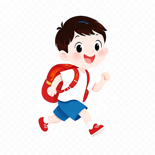 提取图中背红色书包奔跑的小男孩元素，白色上衣蓝色短裤，单独提取出来，背景透明，清晰的平面插画风格，保持原图的手绘质感和色彩