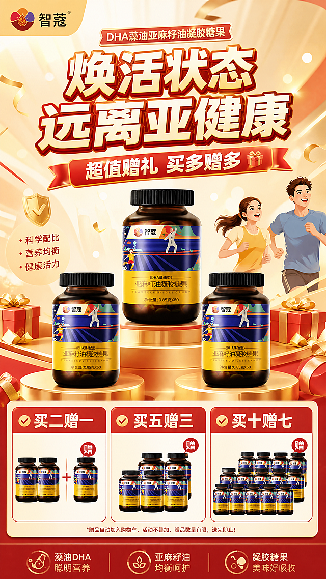 电商促销海报，暖金促销风格，智蔻DHA藻油亚麻籽油凝胶糖果，产品还原原图包装，主标题"焕活状态 远离亚健康"，副标题"超值赠礼 买多赠多"，清晰展示"买二赠一 买五赠三 买十赠七"活动，搭配轻量健康活力元素，红金促销配色，产品阶梯展示，氛围热闹有吸引力，版式和前两张区分开，文字清晰醒目，9:16比例，4K超高清