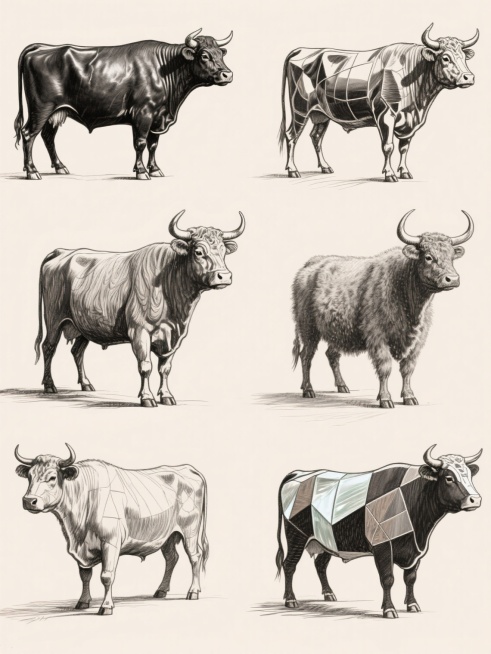 一组采用精细手绘素描风格的牛造型设计集合，以细腻的黑色线条勾勒出6个不同姿态、配色和材质的牛形象，每个牛的造型独特，包括但不限于：传统牛皮质感、光滑金属光泽、温润木质纹理、柔软绒毛触感、半透明玻璃效果和几何拼接样式，色彩搭配各异但和谐统一，整体呈现出复古插画的艺术氛围，光影通过线条的疏密变化自然呈现，背景为纯净的浅色，6个牛造型分为上下两行整齐排列，构图平衡，视觉层次清晰，细节丰富，展现出手绘……预览效果