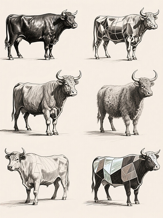 一组采用精细手绘素描风格的牛造型设计集合，以细腻的黑色线条勾勒出6个不同姿态、配色和材质的牛形象，每个牛的造型独特，包括但不限于：传统牛皮质感、光滑金属光泽、温润木质纹理、柔软绒毛触感、半透明玻璃效果和几何拼接样式，色彩搭配各异但和谐统一，整体呈现出复古插画的艺术氛围，光影通过线条的疏密变化自然呈现，背景为纯净的浅色，6个牛造型分为上下两行整齐排列，构图平衡，视觉层次清晰，细节丰富，展现出手绘线条特有的流畅与顿挫感。