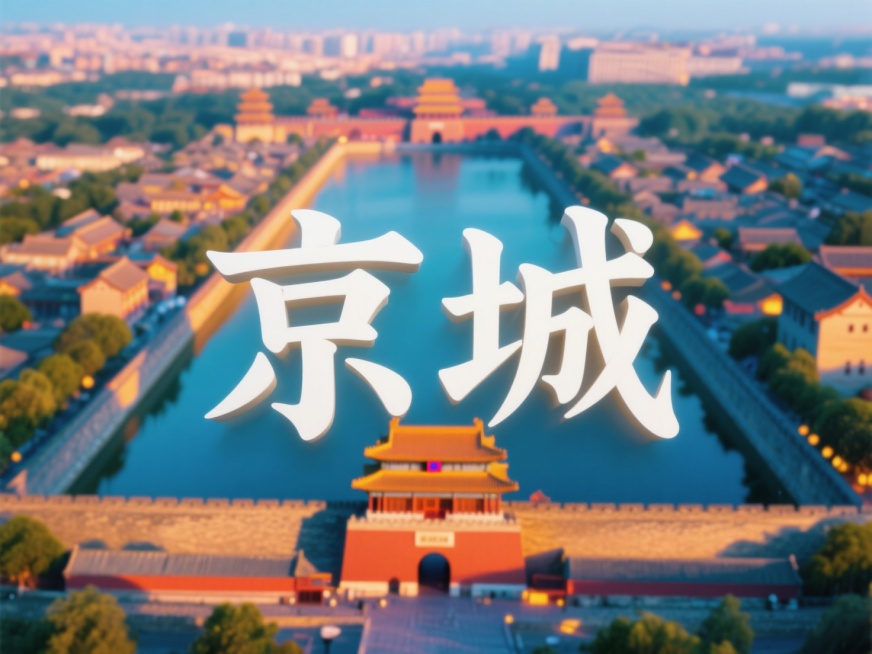 正中两个横排中文字“京城”，不大，庄严肃穆，背景是古城俯瞰图预览效果