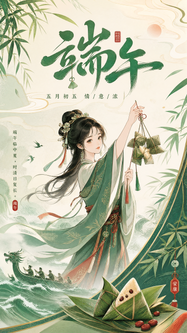 国风立绘端午海报，主体是国风少女，发型和配色参考端午主题，动作参考图8的抬手挂粽子动作，衣着端庄自然，融合粽子、龙舟、粽叶、书法字体等端午元素，自然融合，整体风格国潮插画，配色为绿红国风配色，版式精美预览效果