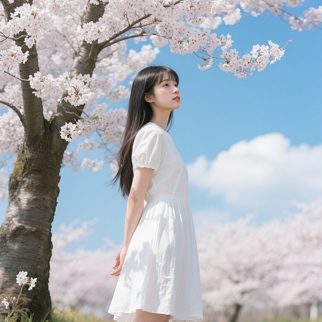 一位穿着白色连衣裙的长发女孩，站在开满樱花的树下，背景是蓝天和白云，日系小清新风格