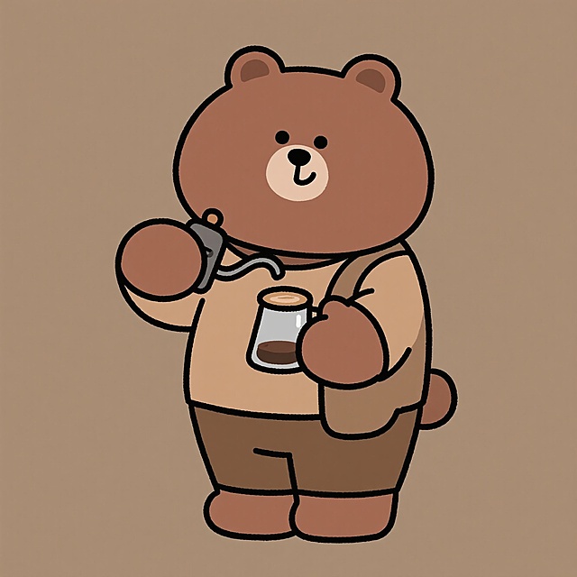 设计一个熊熊咖啡的IP形象，他们是做精品手冲的，强调手作和社区温暖。用暖色调、大地色系。性格要温和、文艺、佛系、热爱生活。整体要传递出温暖、放松、像老朋友陪伴的那种氛围。