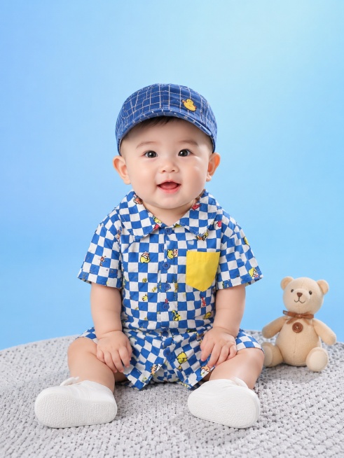 超写实百天宝宝模特室内影棚服装展示摄影。
主体：百天宝宝蓝白格子动物印花连体衣严格参照上传产品图，完整保留蓝白棋盘格、卡通小动物印花、黄色口袋撞色全部细节，纹理、颜色、造型与原图完全一致，产品占画面预览效果