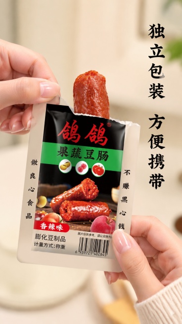 [第5屏] 手取开袋分享展示-手撕独立包装鸽鸽果蔬豆肠。本屏使用【图3】作为包装参考，保持包装设计和文字不变。
[氛围/风格] 真实生活感，自然动作瞬间，突出产品便携性。
[元素布局] 女生手部从中间预览效果