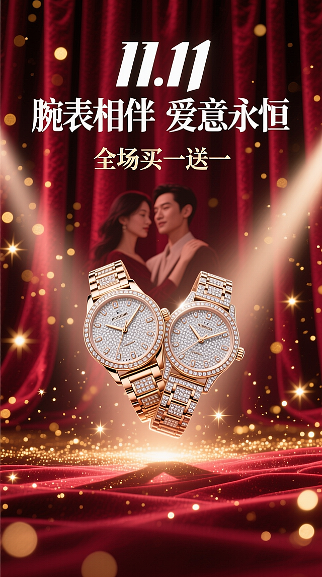 海报采用深邃的勃艮第酒红色背景，犹如天鹅绒幕布。画面中央，一道光束打下，聚焦于一对优雅交叉的男女款奢华腕表。表盘上的钻石与金属细节在光线下熠熠生辉，仿佛悬浮于璀璨星河之中。背景中若隐若现的金色光斑，如同繁星点点。
白色的“11.11”logo，巨大的主标题“腕表相伴 爱意永恒”，悬浮于手表上方，与副标题“全场买一送一”形成大小和字重的对比，整体感觉高端、浪漫且充满仪式感。