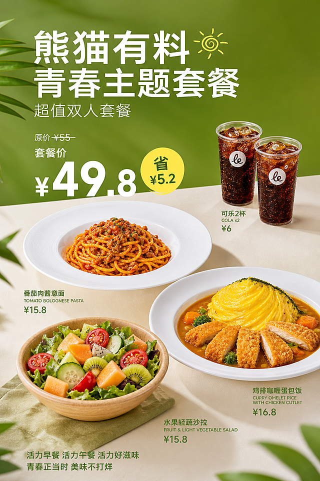 参考该图片风格，重新生成乐班春季节菜单海报，保留所有文案和菜品布局，风格为清新自然的餐饮宣传海报，绿色背景搭配浅色桌面，展示四款春季新品菜品和饮品，保留价格信息和售卖说明