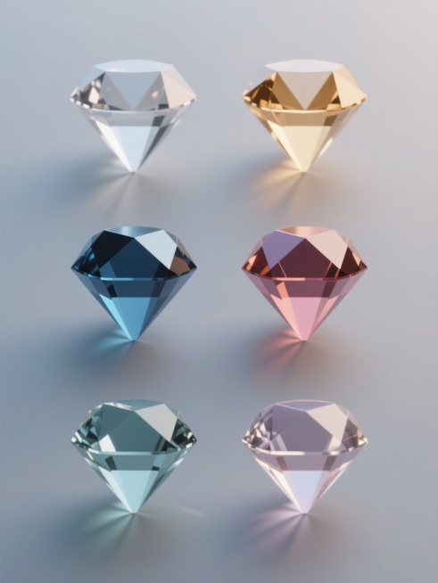 六个规整排布的现代简约风格宝石素材，每个宝石具有不同颜色和几何形状，保持3D立体质感与光滑表面，棱角分明，内部有透明渐变和高光反射效果，如同原图中钻石的光影处理，整体以纯色背景衬托，无任何文字、logo或水印，每个宝石独立清晰且排列整齐，展现出一致的设计感和精致的视觉效果。预览效果