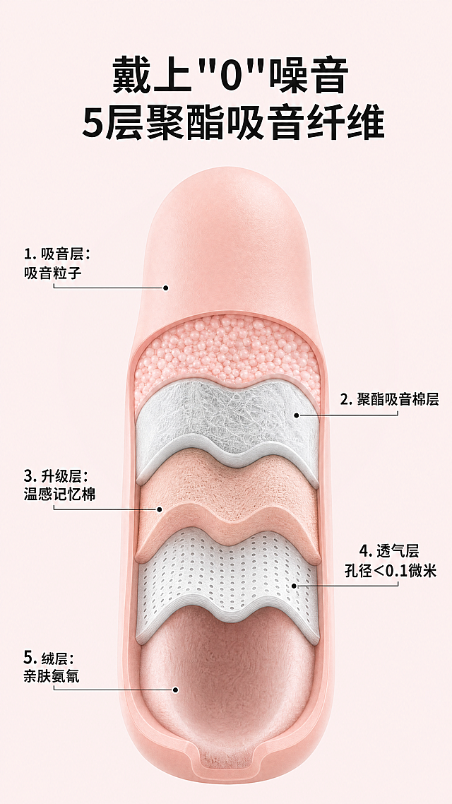 [第3屏] 多层结构材质解析，粉色慢回弹降噪耳塞。本屏使用【图1】作为商品主体，参考【图2】的剖面结构排版。
[氛围/风格] 专业解析清晰直观，浅粉色搭配浅灰调，干净科技感。
[元素布局] 中心展示耳塞的纵向剖面分层结构，从外到内标注各层材质，保持产品外观形状颜色与输入图一致。每个层级用引线引出文字说明，页面顶部放主标题，整体居中排版。
[光影质感] 剖面层次清晰，光线均匀区分不同材质层，产品结构一目了然。
[配色色系] 全局底色：#FAF0F0（浅粉）；不同层级用浅粉、浅灰、白色区分，深色文字标注。
[视角构图] 正面展示剖面，中心构图，结构清晰。
[文字版式] 主标题「戴上"0"噪音 5层聚酯吸音纤维」顶部黑色加粗；每层标注依次：「吸音层：吸音粒子」、「聚酯吸音棉层」、「升级层：温感记忆棉」、「透气层 孔径<0.1微米」、「绒层：亲肤氨氰」，文字清晰，引线简洁，层级关系明了。
[比例分辨率] 9:16竖版比例，1080x1920，4K分辨率，文字清晰可辨。
[负向提示词] 结构错误，产品变形，颜色偏差，文字错乱，水印，缺件错件，背景杂乱。