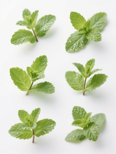 纯白背景上，六个完全不同的新鲜草本植物元素以规整网格排布组成的系列素材集合，每个元素均保持高清晰微距摄影风格，具有明亮均匀的自然光照明，叶片呈现饱满的绿色，叶尖锐利，叶脉纹理清晰可见，叶面带有自然光泽和细微的水珠效果，整体画面干净简洁，突出植物的原生态质感和细节，与薄荷叶的摄影风格、光影处理、色彩饱和度及构图方式保持高度一致。预览效果