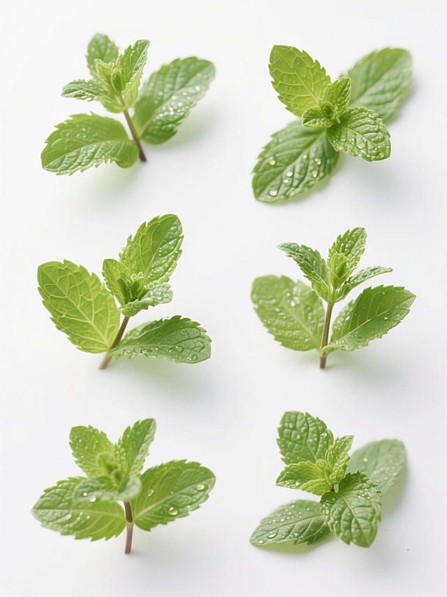 纯白背景上，六个完全不同的新鲜草本植物元素以规整网格排布组成的系列素材集合，每个元素均保持高清晰微距摄影风格，具有明亮均匀的自然光照明，叶片呈现饱满的绿色，叶尖锐利，叶脉纹理清晰可见，叶面带有自然光泽和细微的水珠效果，整体画面干净简洁，突出植物的原生态质感和细节，与薄荷叶的摄影风格、光影处理、色彩饱和度及构图方式保持高度一致。