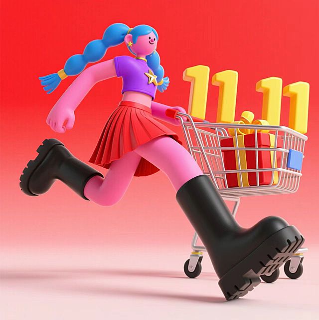 一个蓝色双马尾的酷女人推着购物车向前奔跑，（"11.11“黄色数字和一堆红色礼盒）一起放在购物车里，干净的红色背景