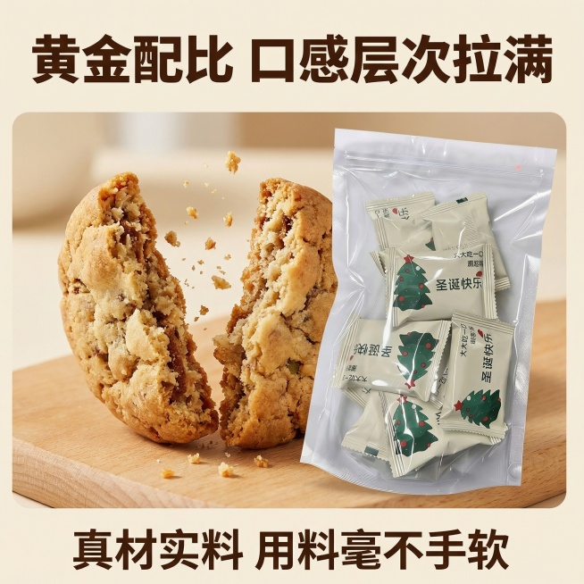 [主图 2] 手工饼干核心卖点展示
[氛围/风格] 清新自然健康风，突出真材实料品质感。
[画面元素] 拆开一块饼干展示酥脆切面，掉渣动态效果，旁边放着原图的独立包装产品，背景为干净浅米色烘焙桌面，自预览效果