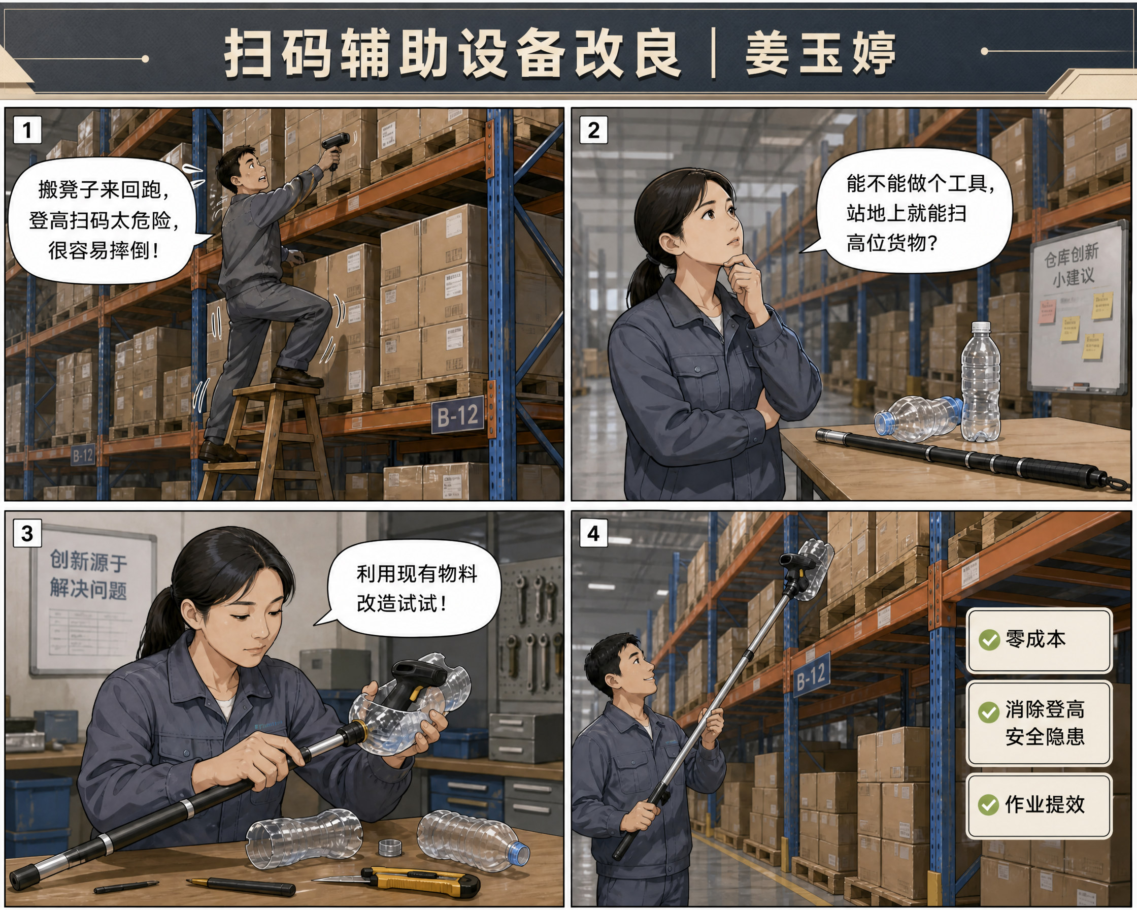 在这张四格漫画的顶部添加一个美观的标题栏，标题文字为"扫码辅助… - 图片创意预览