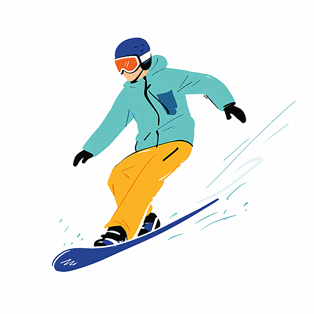 超简约抽象平面插画风格年轻男性正在滑雪，抽象概括线条简约，手绘平面插画风格，滑雪穿搭简洁，身穿滑雪服，头戴头盔护目镜，脚踩滑雪板，滑雪动态姿势，用简洁的几何线条和色块概括人物形态，白色背景，人物比例统一协调，平面插画风格，矢量感，色彩丰富明快，手绘笔触感，全身像，极简主义风格