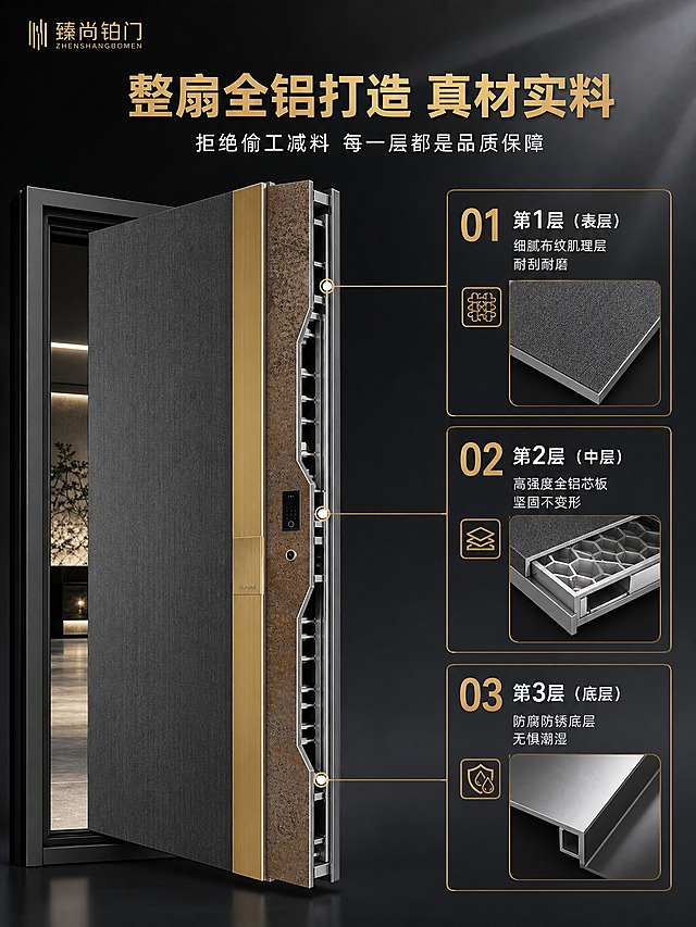 [商品] 使用【图1】臻尚铂门全铝极简别墅大门；保留深灰色布纹肌理门板、鎏金金属竖饰条、复古锈面侧边、智能门锁、大门整体结构比例；本张重点展示门板截面结构与全铝材质层次。
[画面] 页面目标：结构材质证明，拆解门板三层结构，证明全铝工艺与材质层次。构图：建材层级型，左侧大门主体（占画面约45%），右侧结构解析区。大门做局部剖切效果，展示门板内部结构层次。右侧有3个层级标注框，用鎏金引线从门板截面引出，分别指向表层、中层、底层。背景为深灰渐变，带轻微科技感光效。左上角臻尚铂门logo。阅读动线：标题→大门剖切图→右侧三层结构解析。
[视觉] 套系策略：风格=现代大宅极简风 高端商业建筑摄影+结构解析可视化；标题字=无衬线粗体 简洁现代；正文字=无衬线常规体；主色=深灰+鎏金；背景延展=基于深灰做深浅层级、同色渐变与微光效；强调色=鎏金色，用于引线、图标、层级标注和标题点缀；标题色=鎏金色主标题+白色副标题；正文色=白色；组件=细金线层级框、鎏金引线、极简结构图标；光影=侧光突出门板厚度与层次，截面清晰可见。
[文字] 画面顶部：主标题"整扇全铝打造 真材实料"，鎏金色粗体大字，居中；主标题下方白色副标题"拒绝偷工减料 每一层都是品质保障"。右侧3个结构层级框，每个框有鎏金色编号+白色层级名+更小的白色说明：第1层（表层）"细腻布纹肌理层 耐刮耐磨"、第2层（中层）"高强度全铝芯板 坚固不变形"、第3层（底层）"防腐防锈底层 无惧潮湿"。引线从大门截面各层精准引出。左上角：臻尚铂门 logo。
[规格] 图片比例3:4竖版，4K，避免变形、错字、文字过小、结构层次不清晰、大门外观失真、水印、平台Logo、绝对化用语、虚构材质数据。