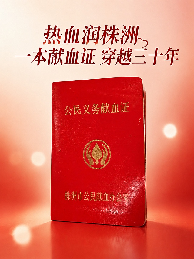 修改这张海报：1. 删除主标题下方那行小字“见证株洲三十年公益无偿献血历程”；2. 将红色献血证整体向上移动大约画布三分之一的位置，保留底部的渐变红背景；保留主标题“热血润株洲 一本献血证 穿越三十年”，保留献血证完整的外形、包装、LOGO、印刷文字、材质和颜色，保持背景简洁温暖，风格不变，比例3:4不变。