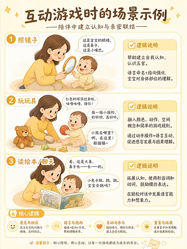 根据图片文字内容制作育儿科普图文，3:4竖版，保持暖黄米白同色系，延续上文风格，内容为互动游戏时照镜子、玩玩具、读绘本聊天场景示例和逻辑说明，卡通温馨风格