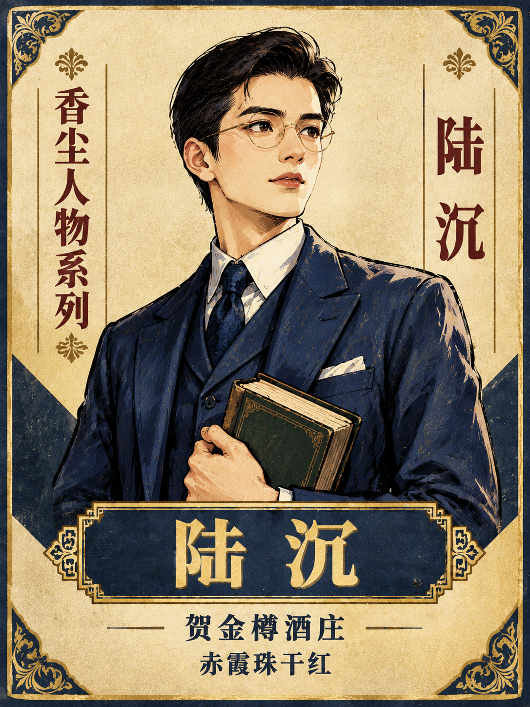 平面酒标设计，香尘人物系列，竖长方形构图。米白色做旧纸张质感背… - 图片创意预览
