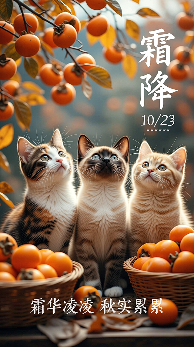 插画风与3D结合，三只萌猫仰望柿子树，温暖秋色中透出可爱与梦幻感，霜降节气氛围浓厚，水彩质感渲染温馨自然。