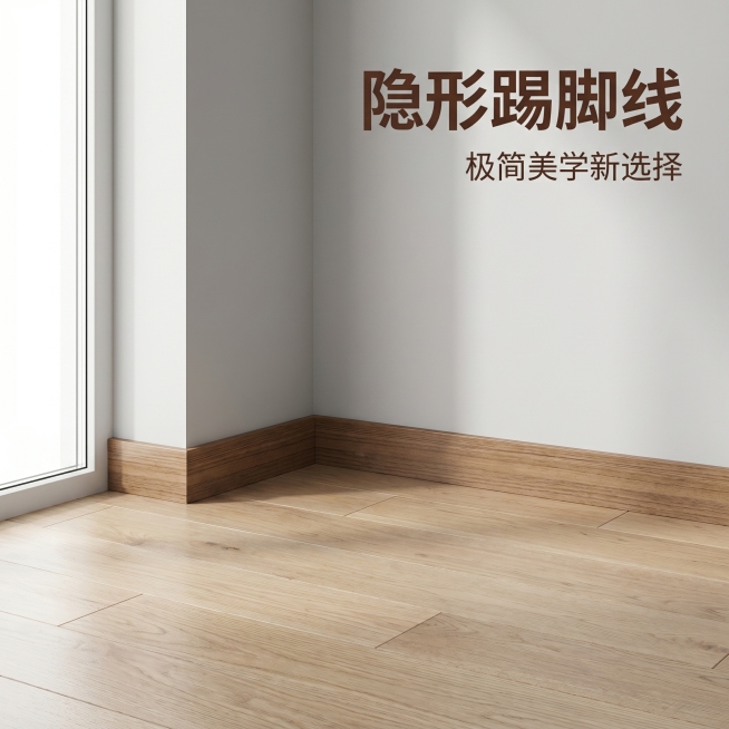 [主图 4] 实木隐形踢脚线实景场景展示图。
[氛围风格] 简洁治愈风，极简家居场景，自然温馨。
[画质] 商业摄影质感，光线柔和通透，产品清晰真实，画面干净高级，超高清。
[元素] 展示实木踢脚线安预览效果