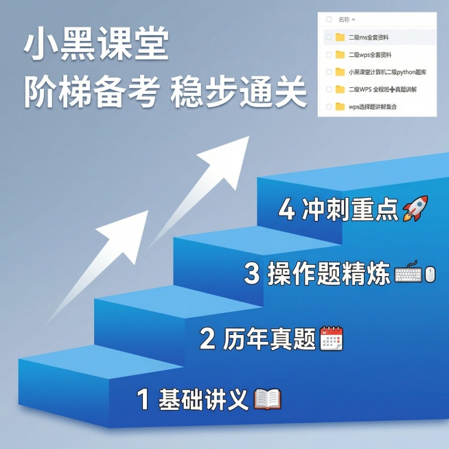 [主图 3] 备考提升方法论
[主图主题] 计算机二级高效备考路径
[氛围/风格] 专业清爽，知识氛围感
[画面元素] 浅灰蓝渐变背景，简洁干净，右上角展示部分网盘资料文件夹截图，使用阶梯进阶图结构，预览效果