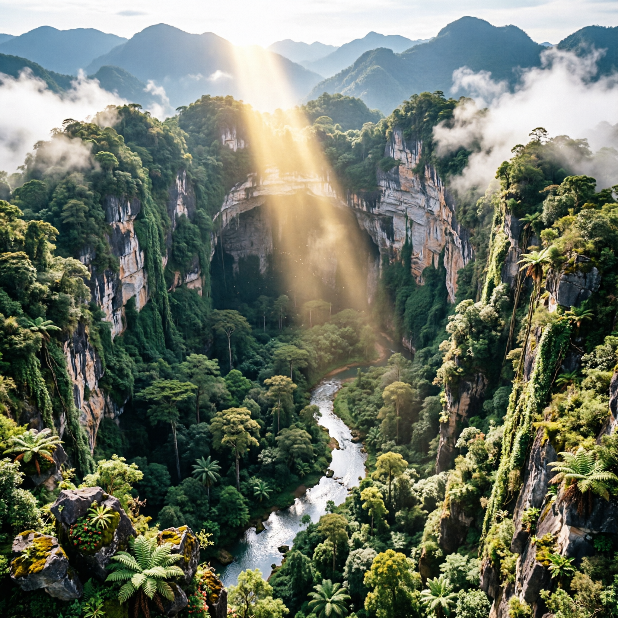 一张壮观的天坑自然景观，巨大的喀斯特天坑从高空俯视，坑壁陡峭险… - 图片创意预览