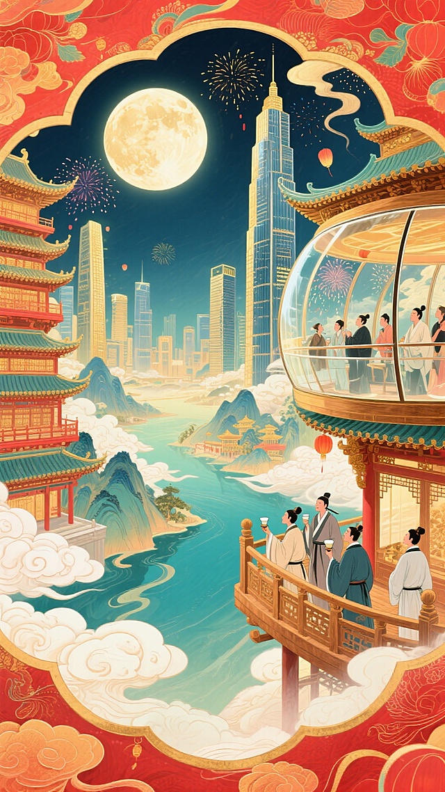国潮风插画，融合中式古典建筑与未来都市，月夜烟花映衬下，人物共赏美景，鎏金边框勾勒梦幻意境，呈现传统与科技交织的浪漫喜庆氛围。