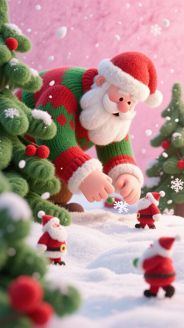特写一个大的圣诞老人身着红绿毛衣，头戴圣诞帽，从雪地后探出俯身玩弄雪地上的小圣诞老人，周围环绕绿色松枝、红色浆果，雪花飘落营造圣诞动态氛围，背景为粉色。