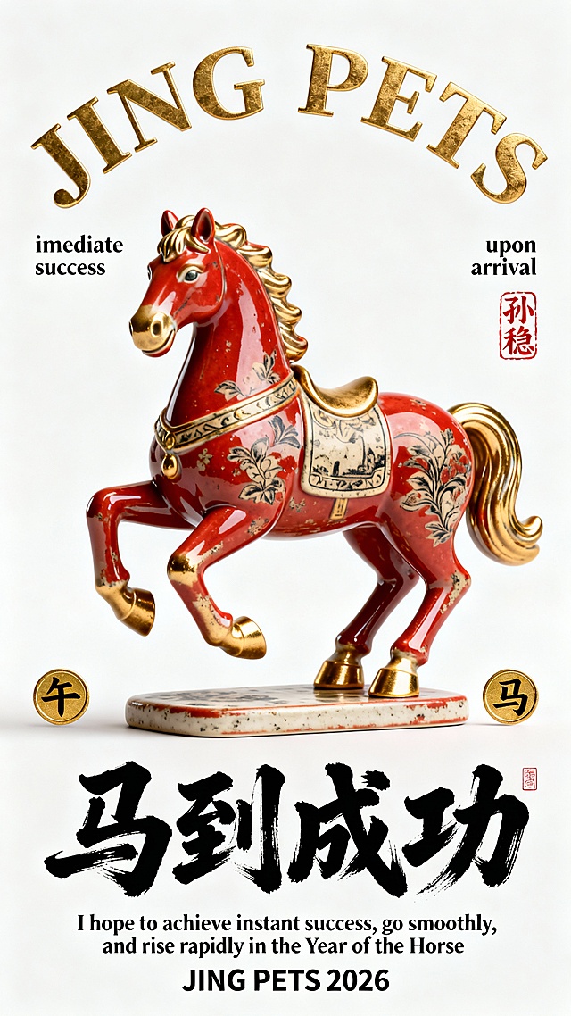 中式复古风3D重拟物马雕，鎏金金属质感搭配浮雕纹样，喜庆红金配色，寓意马到成功，呼应2026马年主题。