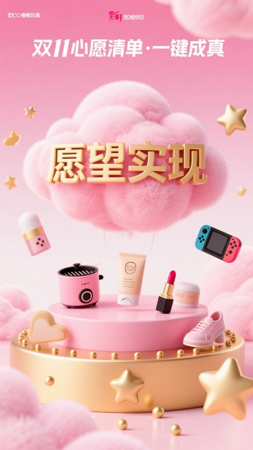 创建一个充满活力的，3D风格的宣传海报，梦幻般的粉红色渐变背景（从浅粉色过渡到深粉色，与柔和的云纹理）。 在顶部，包括引人注目的文字：“双11心愿清单·一键成真”。  在中心，一个大的蓬松的粉红色云作预览效果
