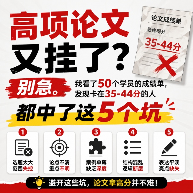 头条文章正方形封面图，主题为：高项论文又挂了？别急。我看了50个学员的成绩单，发现卡在35-44分的人都中了这5个坑，设计风格简洁吸睛，信息层级清晰，主标题突出，适合知识类内容传播预览效果