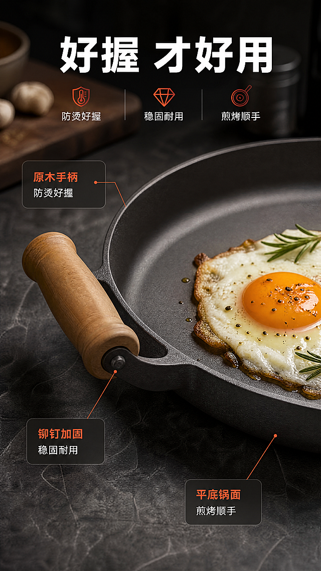 [商品] 使用【图1】北欧原木双耳铸铁煎烤锅，保留深灰哑光铸铁锅体、浅棕原木双耳、铆钉连接、圆形平底结构与整体比例，不改变颜色和材质。
[画面] 页面目标：局部场景细节页，放大双耳手柄与平底锅面的日常使用细节。构图采用局部特写加细线引线：画面主体为产品原木手柄与锅沿局部，锅内盛放煎蛋，占画面约70%；背景为深灰石纹台面与暗色厨房氛围，前中景特写，后景虚化。
[视觉] 套系策略：风格=深灰工业风高级商业摄影；标题字=现代无衬线粗体；正文字=简洁无衬线体；主色=深灰炭黑；背景延展=深灰石纹、深棕木纹与暗色厨房氛围的深浅层级；强调色=暖橙红，仅用于小面积图标、引线、标签；标题色=纯白；正文色=暖灰白；组件=细线引线、深底圆角信息卡、小图标标签；光影=柔和侧逆光加暖光。
[文字] 顶部主标题“好握 才好用”，画面中用3条细线引线标注：原木手柄 防烫好握、铆钉加固 稳固耐用、平底锅面 煎烤顺手；文字横向排版、清晰可读、不遮挡产品细节。
[规格] 图片比例9:16竖版，4K，避免变形、错字、文字过小、冷蓝冷灰背景、平台水印、伪Logo、产品颜色改变。